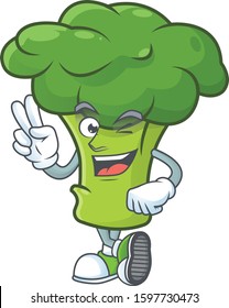 Green broccoli cartoon mascot style with two fingers
