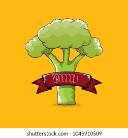 green broccoli cartoon style label with vintage ribbon isolated on orange background. cartoon green vegetable . vector vegan menu food
