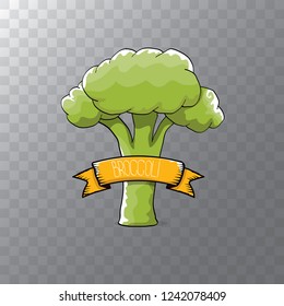 green broccoli cartoon style label with vintage ribbon isolated on transparent background. cartoon green vegetable . vector vegan menu food