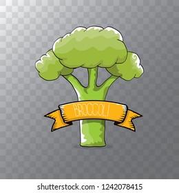 green broccoli cartoon style label with vintage ribbon isolated on transparent background. cartoon green vegetable . vector vegan menu food