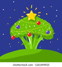 Green broccoli in Christmas tree decorations. Cartoon illustration. The concept of vegetarian Christmas.