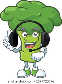 Green broccoli cute cartoon character design with headphone