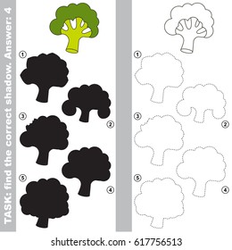 Green Broccoli with different shadows to find the correct one, compare and connect object with it true shadow, the educational kid game with simple gaming level.