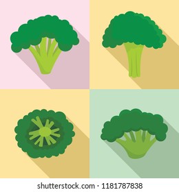 Green broccoli icon set. Flat set of green broccoli vector icons for web design