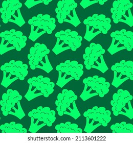 Green broccoli icons on green background. Seamless broccoli pattern. Vintage broccoli pattern, sweet elements background for your project, menu, cafe shop.