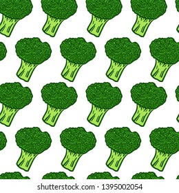 Green Broccoli Isolated on White Background. Seamless Pattern