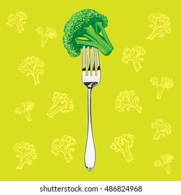 green broccoli on a metal fork on a bright yellow background with a sketch