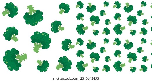 Green broccoli pattern food. Isolated vegetable on white background. Top view.Seamless vegetables set of broccoli on yellow background. Vector illustration.