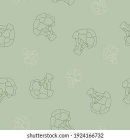 Green broccoli seamless pattern. The outline of a cabbage on a green background. Vegetables for a healthy way of life. Design for menu, packaging, fabric. Vector print of broccoli.