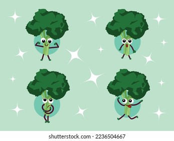 Carácter vegetal de brócoli verde mascota conjunto de colección de ilustraciones vectoriales con diversos lenguajes corporales y expresiones faciales. Cómic de caricatura lindo dibujo de kawaii aislado en un fondo común