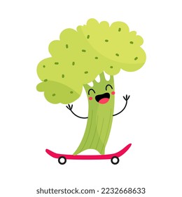 Green Broccoli Vegetable Riding Skateboard Enjoying Summer Vacation and Having Fun Vector Illustration