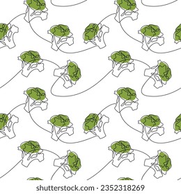 Green broccoli vegetable seamless pattern vector. Line continuous hand drawn illustration. Outline backdrop, cooking background, food wallpaper, kitchen print, poster, package design, card, banner.