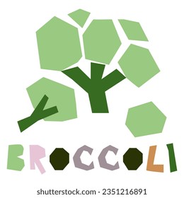 Green broccoli, whole and a piece, highlighted on a white background. The original signature of broccoli. Products from the farmer's market, organic food. Geometric stylized flat vector illustration
