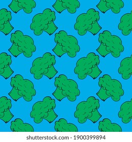 Brocoli verde, patrón sin costuras sobre fondo azul.