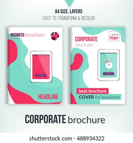Green brochure cover template with abstract shapes and tablet. Corporate identity. Business design, flyer, professional