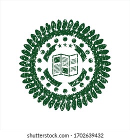 Icono de folleto verde dentro del sello de goma con problemas. 