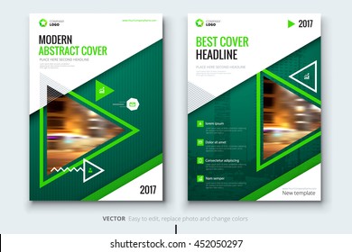 Green brochure template. Corporate business design for report, catalog, magazine. Layout with modern triangle photo and abstract triangle shapes. Creative poster, flyer or banner concept