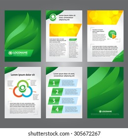 Green brochure template design with light green and dark green vertical shapes. Cover layout and infographics. 