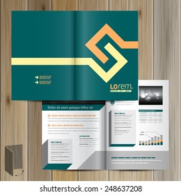 Green brochure template design with yellow geometric elements. Cover layout