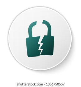 Green Broken or cracked lock icon isolated on white background. Unlock sign. White circle button. Vector Illustration