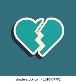 Green Broken heart or divorce icon isolated on blue background. Love symbol. Valentines day. Long shadow style. Vector Illustration
