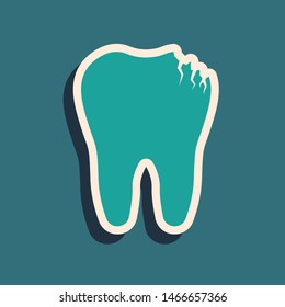 Green Broken tooth icon isolated on blue background. Dental problem icon. Dental care symbol. Long shadow style. Vector Illustration