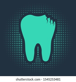Green Broken tooth icon isolated on blue background. Dental problem icon. Dental care symbol. Abstract circle random dots. Vector Illustration