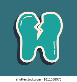 Green Broken tooth icon isolated on green background. Dental problem icon. Dental care symbol. Long shadow style. Vector.