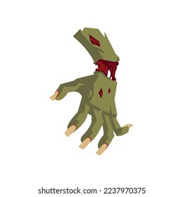 Green broken zombie hand vector illustration. Horror, walking dead, monsters for Halloween. Cartoon drawing of rotting arm isolated on white background. Halloween concept
