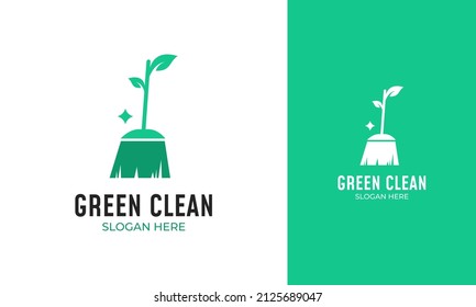 Green broom logo design. Tool for dust cleaning with leaf icon. Natural cleaning service symbol