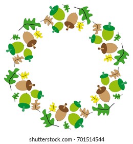 Green and brown acorn in ring on white background  with colored leafs.Vector illustration.