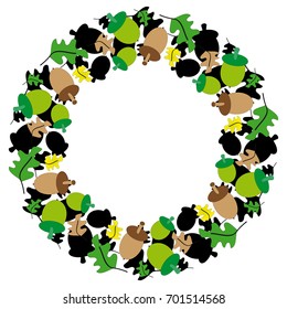 Green and brown acorn in ring on white background  with colored leafs.Vector illustration.