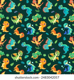 A green and brown background with a variety of colorful dinosaurs. The dinosaurs are all different sizes and colors, and they are scattered throughout the image. Scene is playful and whimsical