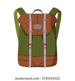 Green and Brown Backpack, Front View of Schoolbag or Camping Knapsack Flat Style Vector Illustration on White Background