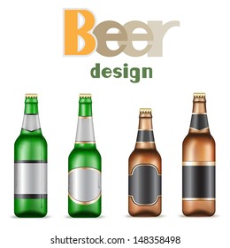 Green and brown beer bottles on the white background