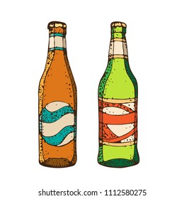Green and brown beer bottles set. Isolated vector hand drawn illustration. Home brewing, crafted beer. Cartoon style. For restaurant of craft beer. For pub, bar, oktoberfest
