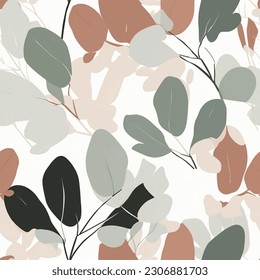 Green Brown Black Abstract Eucalyptus Leaf Watercolor Scandinavian Design Seamless Pattern