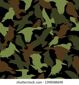 green, brown and black camouflage silhouettes of different flying birds, eagle, hawk, crow, geese, kingfisher, seagull and other wildfowl, protection vector seamless background