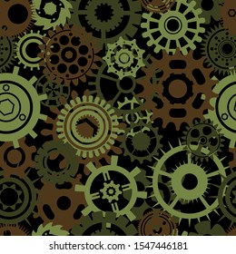 Green, brown and black camouflage silhouettes of gears, cogs, round details for rotate and motion, protection seamless background with gearwheels and screw-wheels