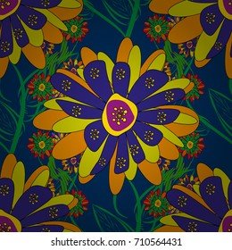 Green, brown and black colors vector seamless pattern with many flowers.