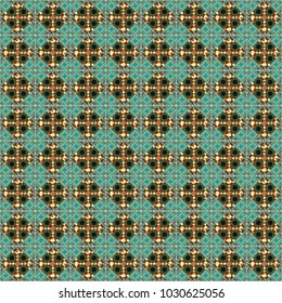 Green, brown and blue background. Abstract geometric pattern. Colorful texture. Vector seamless pattern. Geometric background with rhombus, dots and nodes. Seamless geometric pattern.