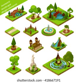Green brown and blue isometric 3d landscape design elements for beautiful garden isolated vector illustration