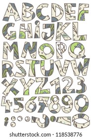 green brown blue paisley  on beige abc  colorful retro  alphabet