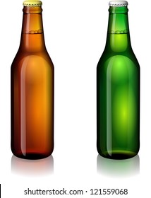 Green and brown bottles of beer on a white background