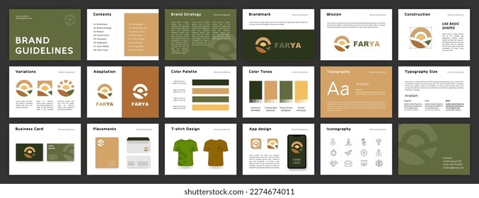 Green and Brown Brand Guidelines template. Brand Identity presentation. Logo Guideline template. Logo Guide Book. Logotype presentation