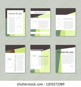 Green and brown Brochure set with mens and womens T-shirts, geometric shape. Place for your text. Vector.