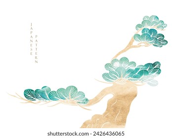 Green and brown brush stroke texture with Japanese bonsai tree pattern in vintage style. Abstract art landscape banner design with watercolor texture vector. Nature element