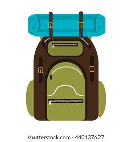 green and brown  camping backpack with blue on the top over isolated background,vector illustration