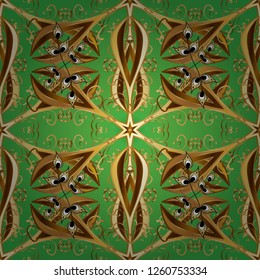Green and brown colors with gold elements. Vector illustration. Oriental style arabesques. Seamless golden textured curls. Vector golden pattern.