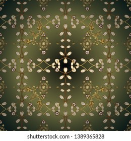 Green and brown colors with gold elements. Vector golden pattern. Vector illustration. Seamless golden textured curls. Oriental style arabesques.